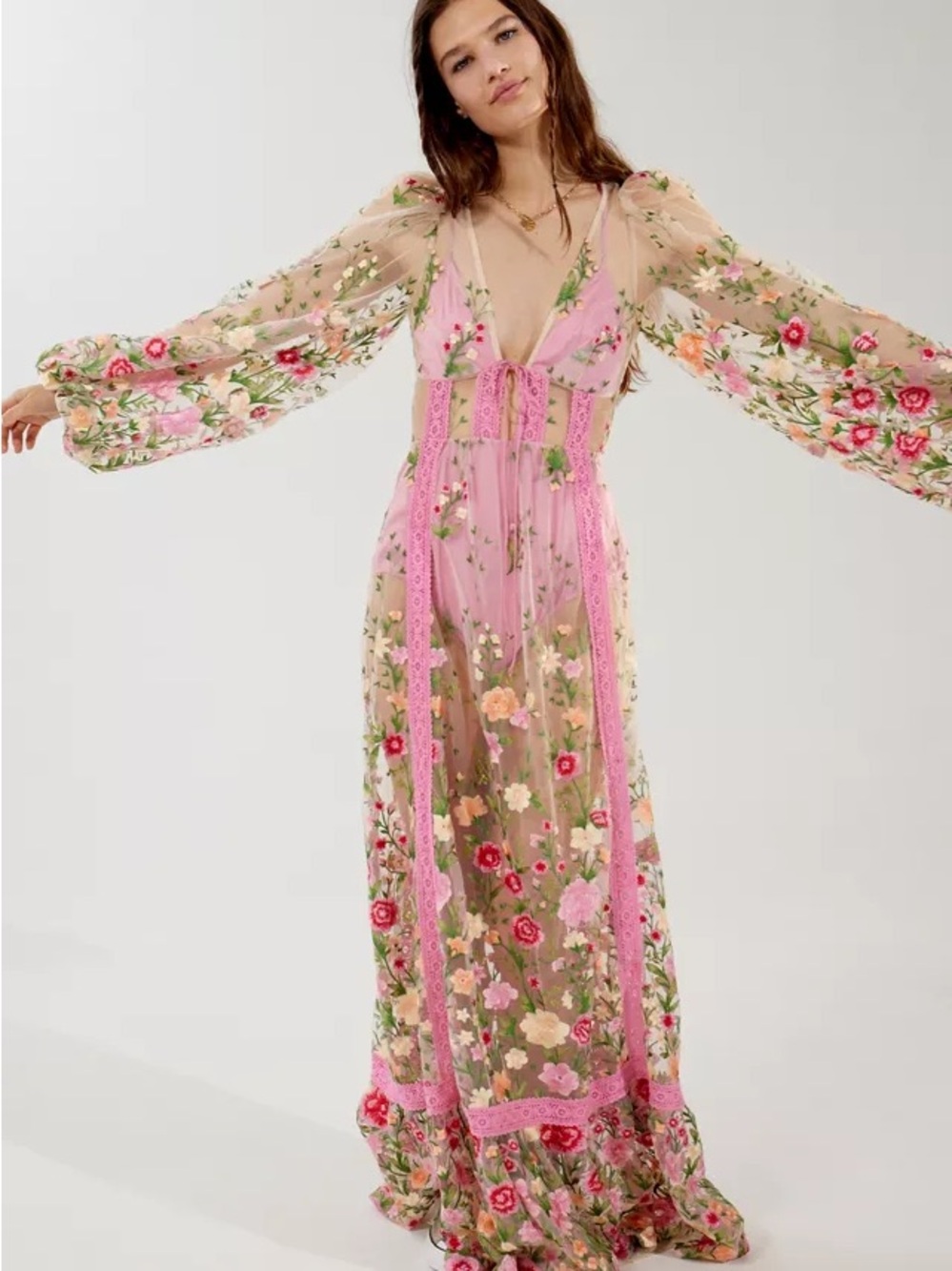 $369 NWT For Love And Lemons “Luna” Sheer Embroidered Maxi Dress Sz Small